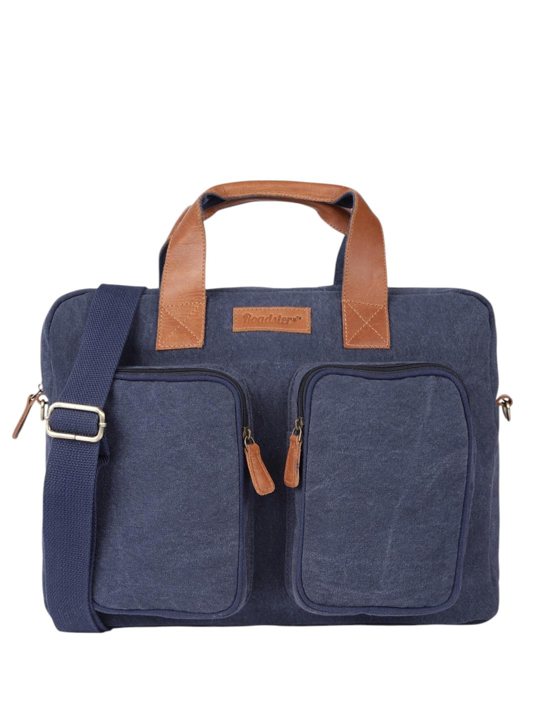 PRIMROSE Canvas Laptop Bag, Navy Blue with Brown Leather Handles, Dual Front Pockets, Shoulder Strap