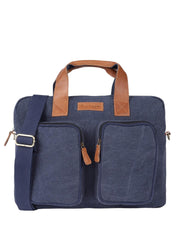PRIMROSE Canvas Laptop Bag, Navy Blue with Brown Leather Handles, Dual Front Pockets, Shoulder Strap