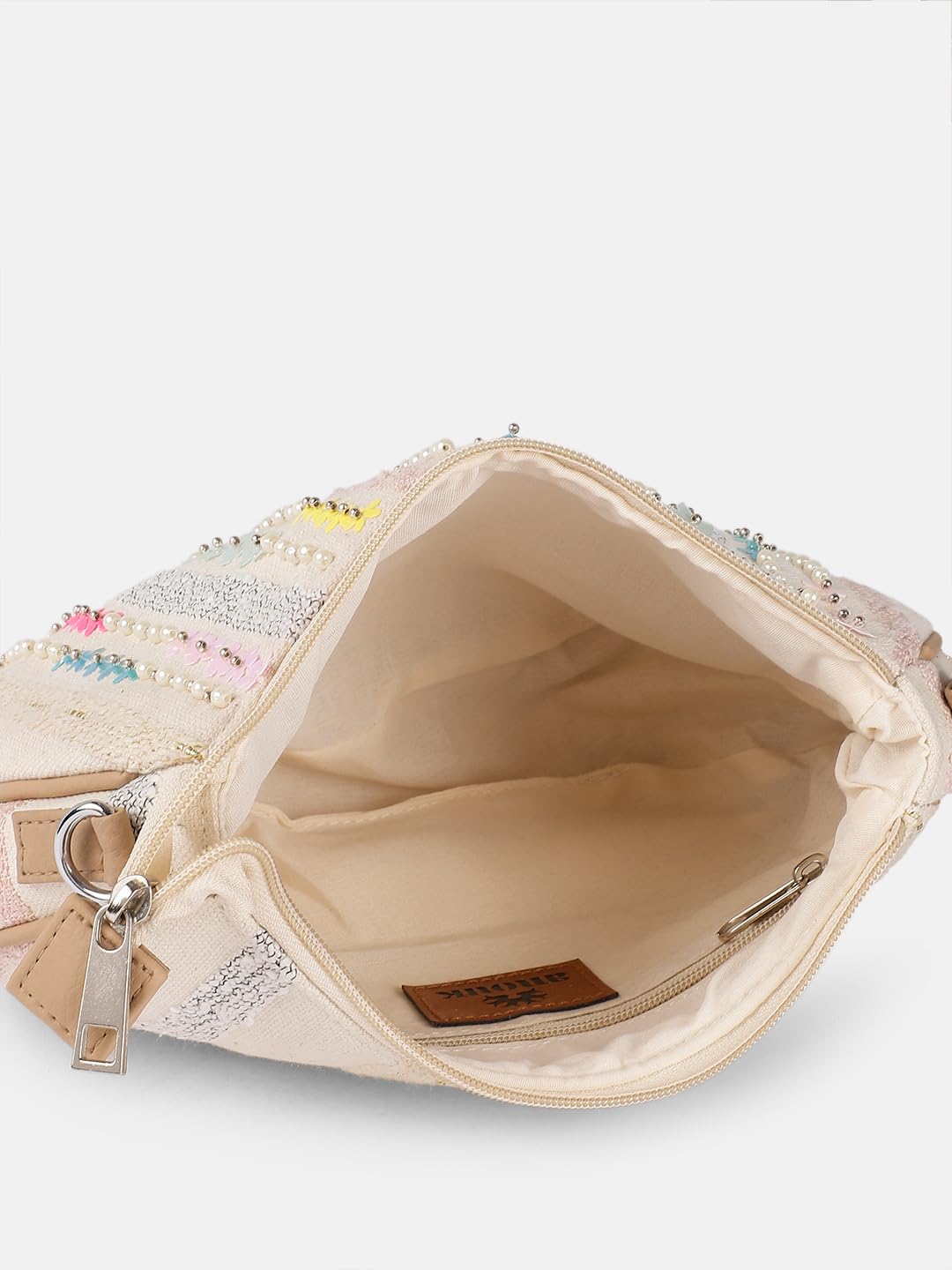 Ladies Floral Crossbody Bag, Beige Canvas with Pastel Embellishments, Studded Stripes Design