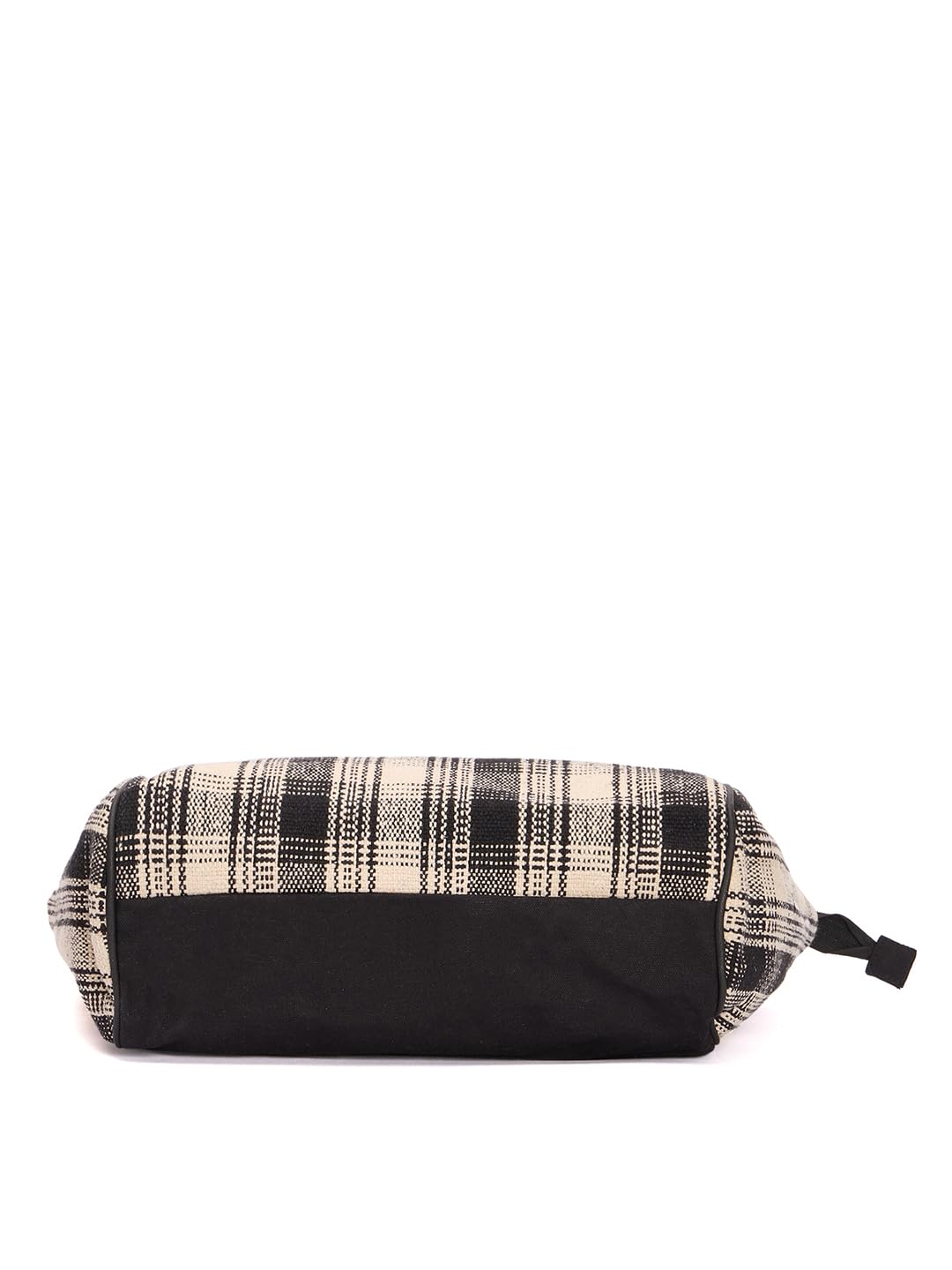 RIMROCK Large Plaid Tote Bag with Tassel Charm, Black and Beige Woven Pattern, Cotton Canvas