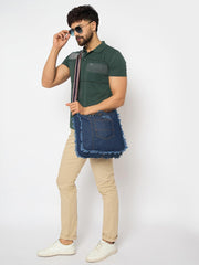 RIMROCK Distressed Denim Crossbody Bag with Striped Strap, Frayed Edge Design, Blue