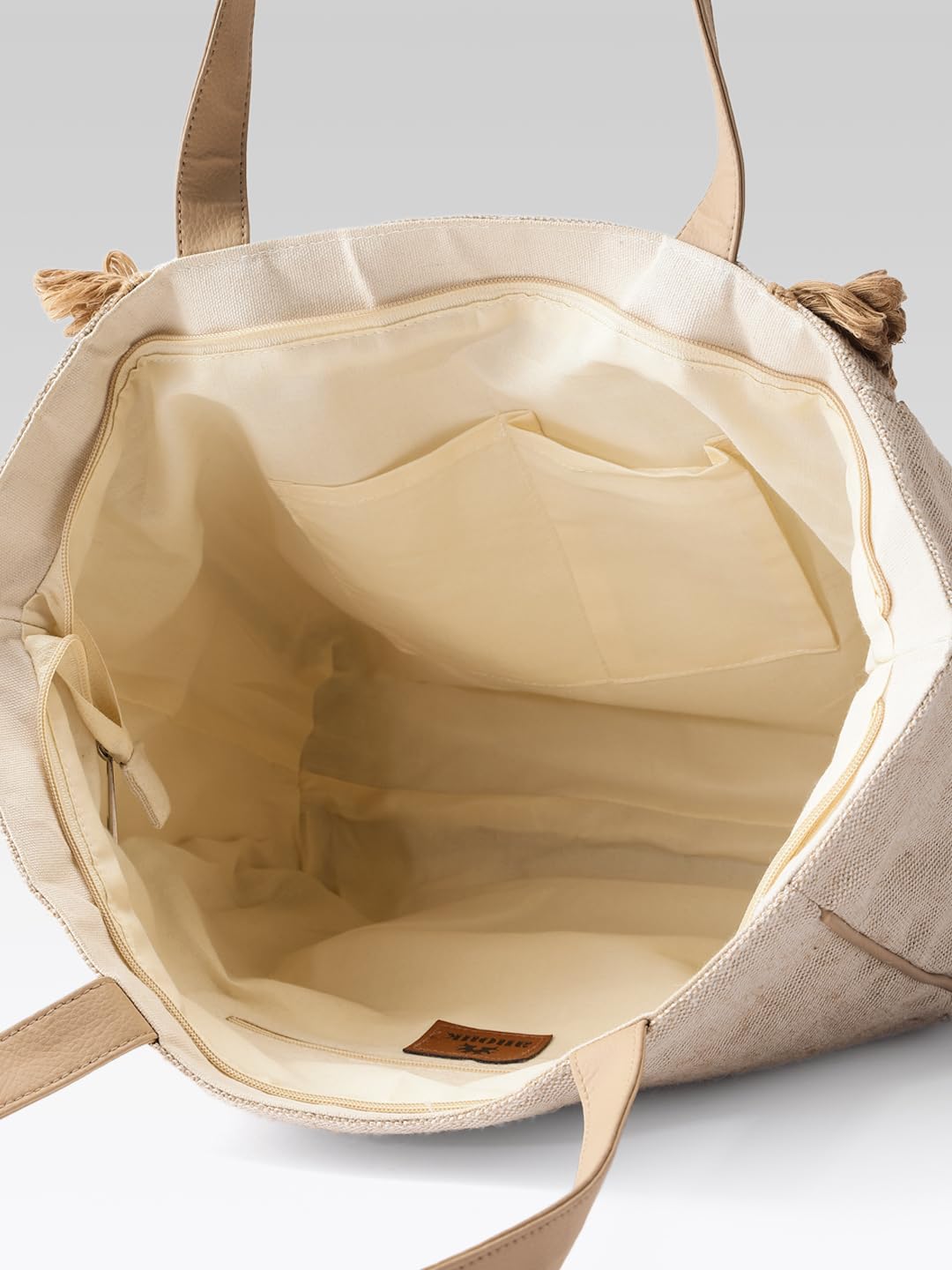 PRIMROSE Boho Beach Tote Bag, Canvas with Shell Embellishments, Fringe Detail, Natural Beige
