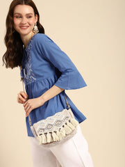 PRIMROSE Bohemian Crossbody Handbag with Crystal Embellishments, Woven Pattern, Cream Tassels, Tan Polyurethane Strap