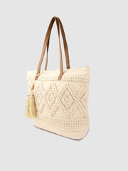 PRIMROSE Women Off-White Woven Design Shoulder Bag with Tasselled Detail