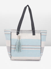 PRIMROSE Striped Canvas Tote Bag with Pearl Tassel Blue and Grey