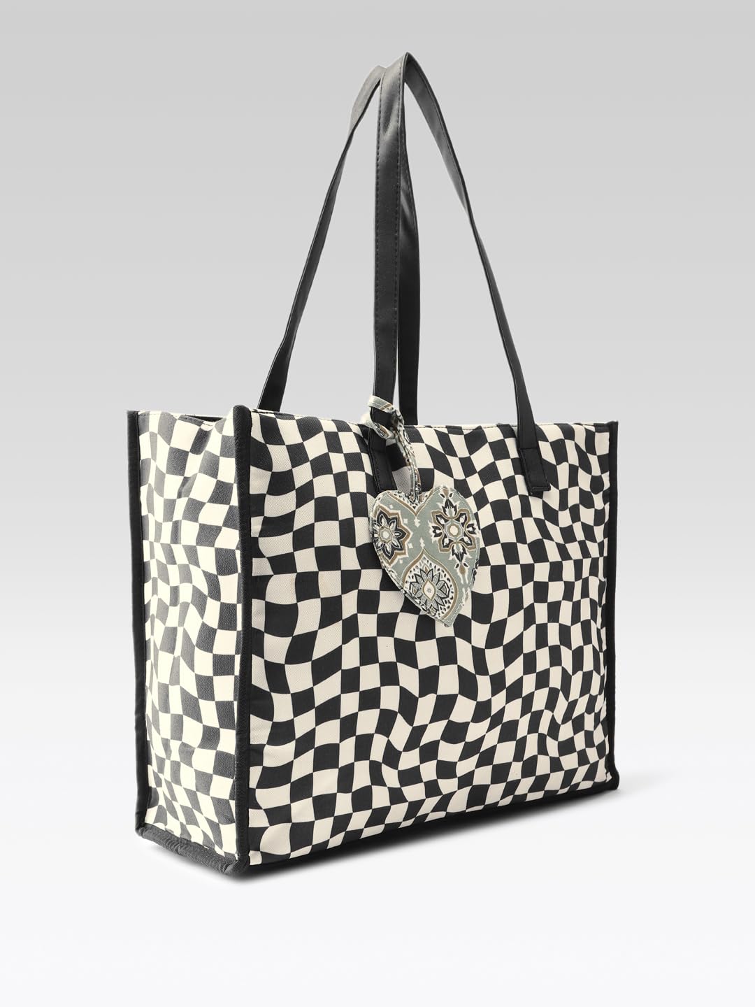PRIMROSE Checkered Tote Bag with Decorative Heart Charm, Black and White Pattern, Large Shopping Handbag