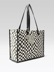 PRIMROSE Checkered Tote Bag with Decorative Heart Charm, Black and White Pattern, Large Shopping Handbag
