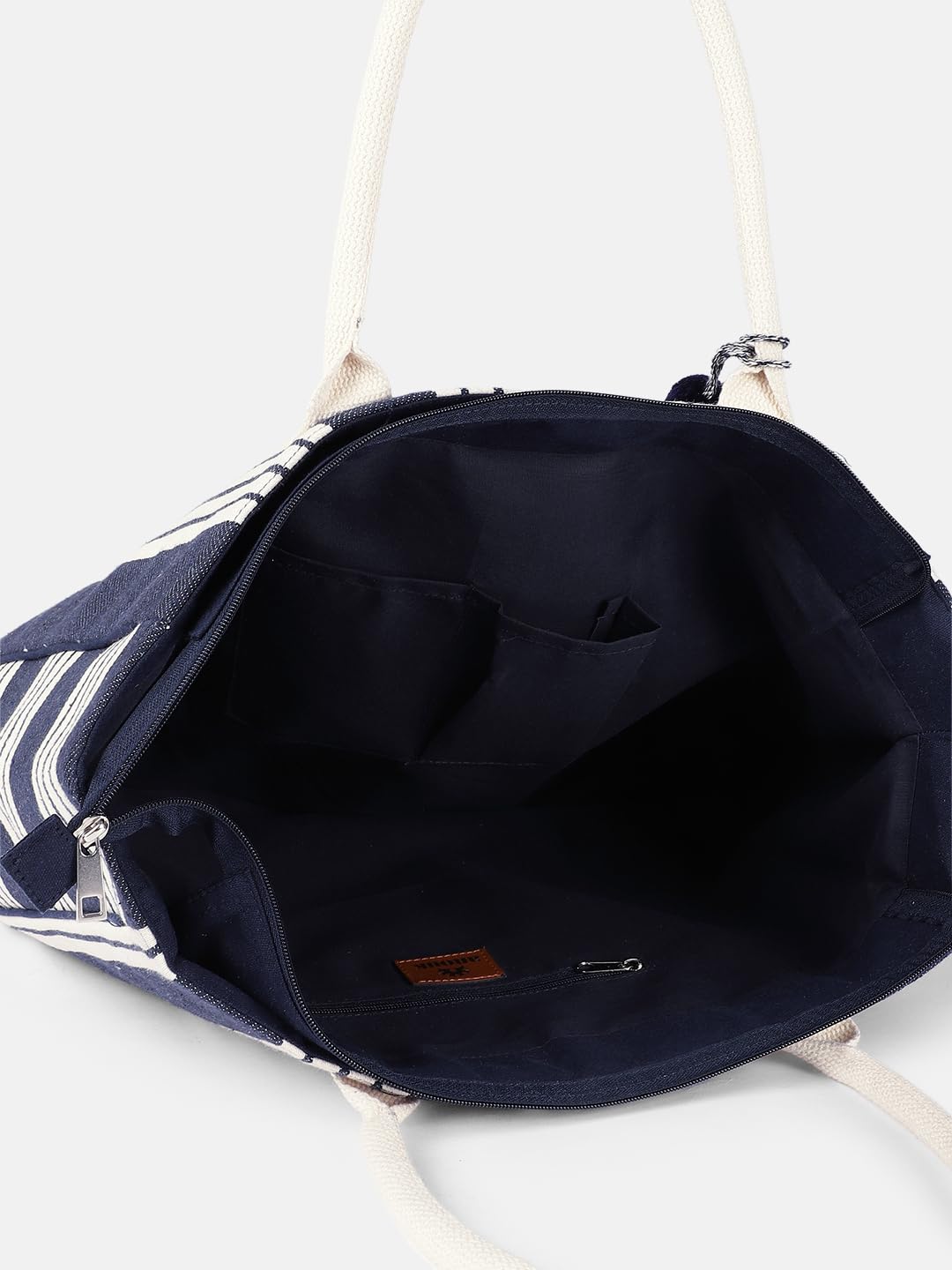 PRIMROSE Large Canvas Tote Bag, Navy Blue and White Striped Pattern, Decorative Tassel, Beach Shopping Handbag