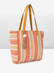 PRIMROSE Canvas Tote Bag, Orange and Yellow Striped Pattern, Decorative Tassel