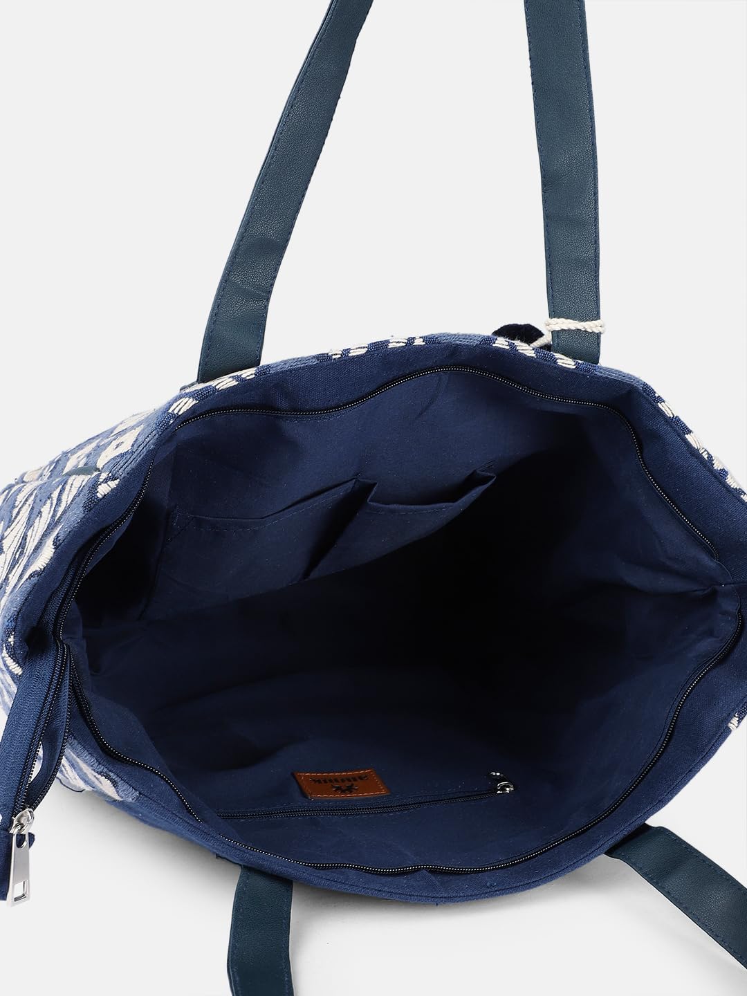 PRIMROSE Geometric Pattern Canvas Tote Bag, Navy Blue and White, Large Shoulder Bag with Decorative Tassels