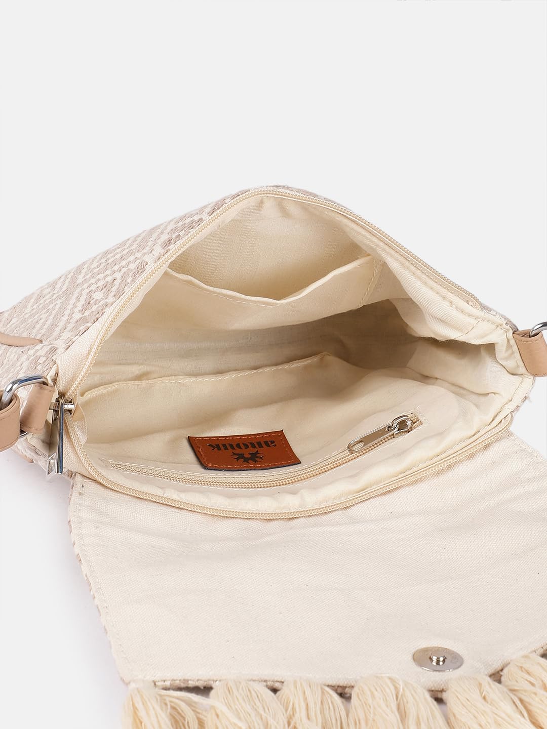 PRIMROSE Bohemian Crossbody Handbag with Crystal Embellishments, Woven Pattern, Cream Tassels, Tan Polyurethane Strap