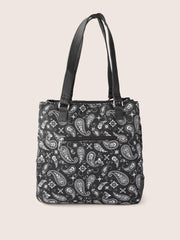 PRIMROSE Printed Black Tote Bag with Tassel