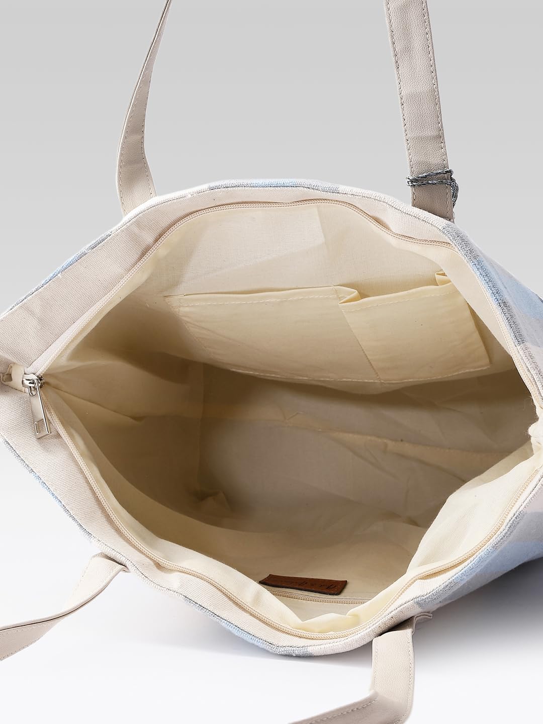 PRIMROSE Embroidered Crab Beach Tote Bag, Blue and White Striped Canvas, Tassel Detail