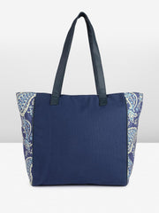 PRIMROSE Paisley Print Canvas Tote Bag with Tassel, Navy Blue and White Pattern, Large Shoulder Straps