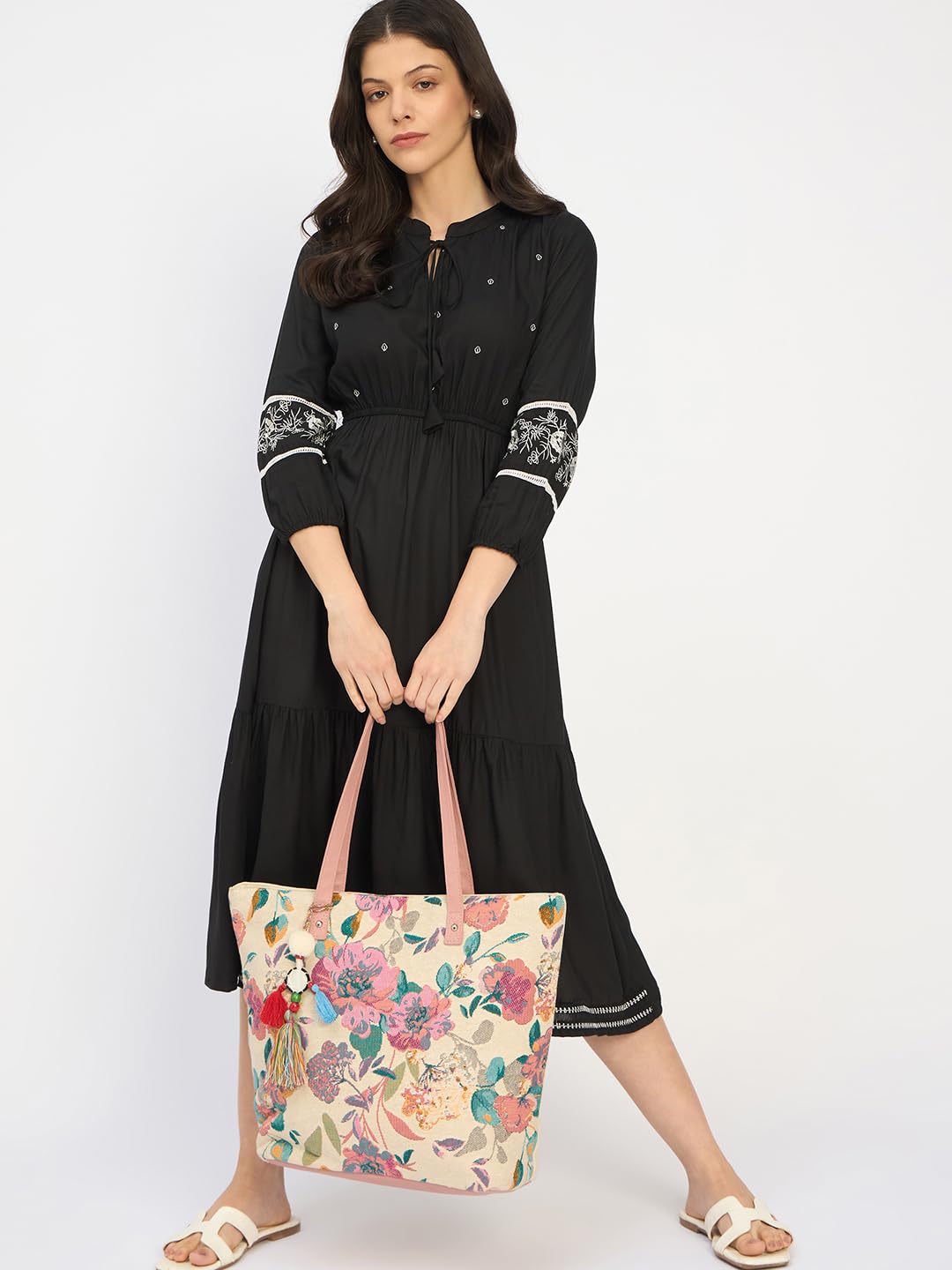 PRIMROSE Floral Cotton Tote Bag, Off White with Pink Handles, 41 x 33 cm, Tassel Detail