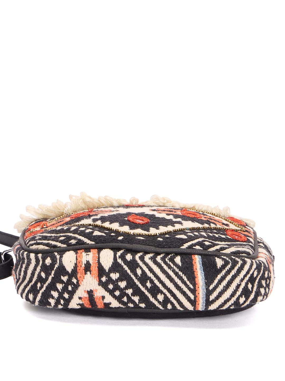 RIMROCK Boho Crossbody Bag, Aztec Pattern with Fringe Trim, Black and Beige, Mirror Embellishments