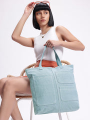 PRIMROSE Canvas Tote Bag with Multiple Pockets, Blue, Double Handles