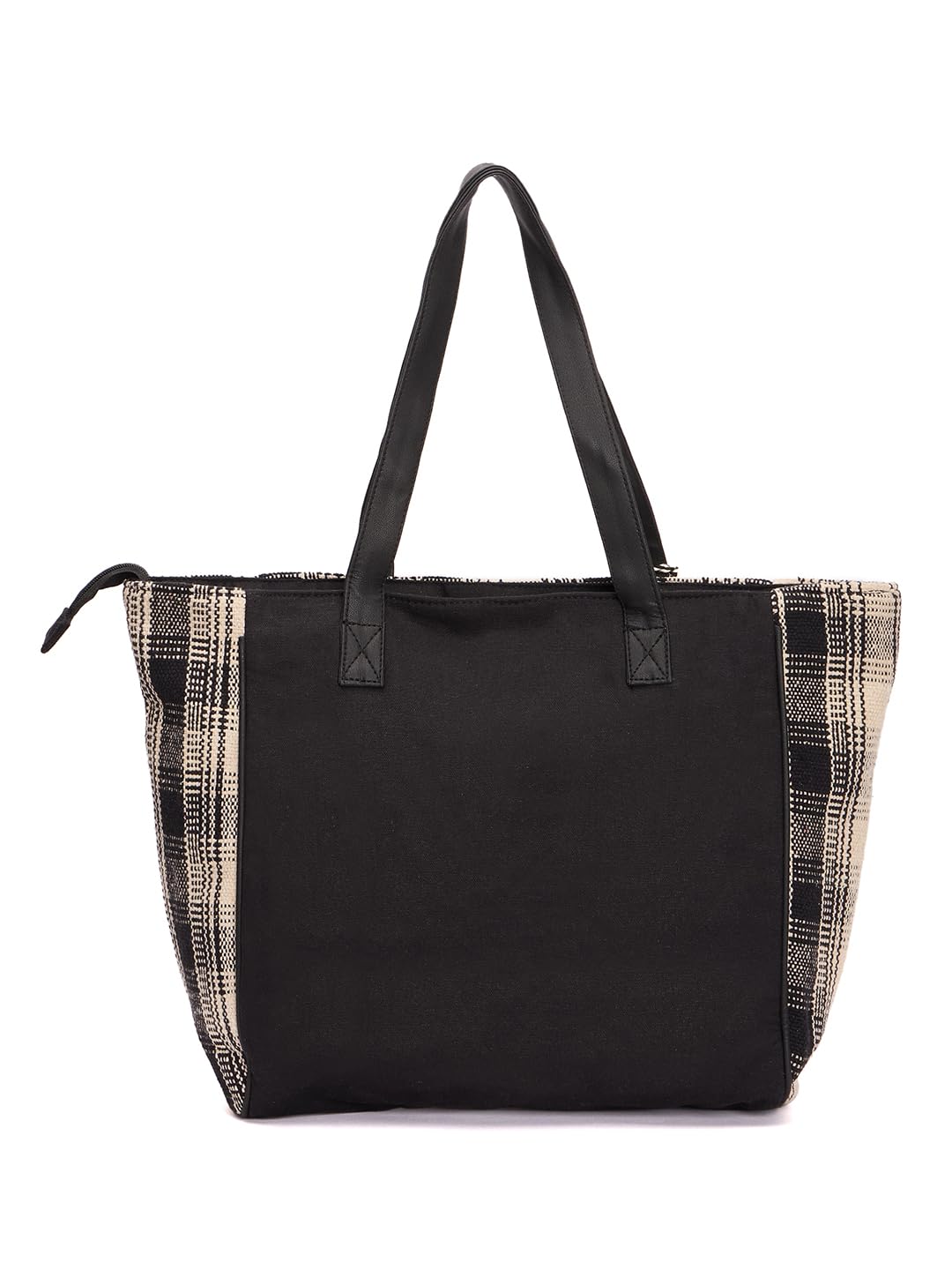 RIMROCK Large Plaid Tote Bag with Tassel Charm, Black and Beige Woven Pattern, Cotton Canvas