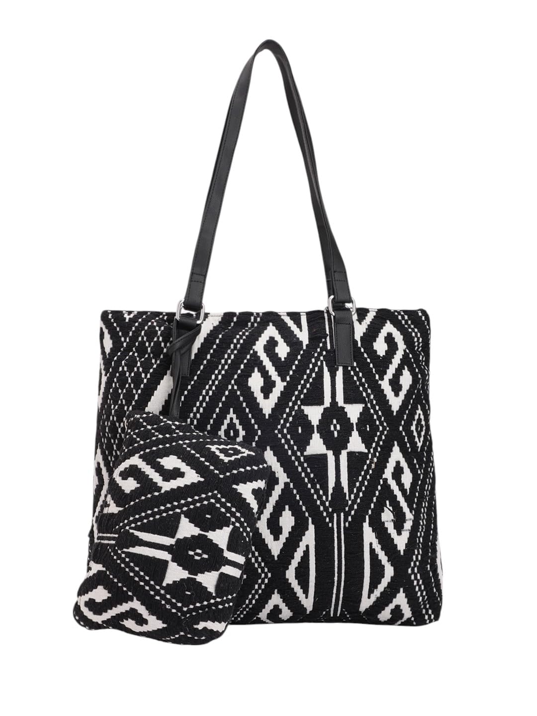 PRIMROSE Geometric Pattern Tote Bag with Matching Pouch, Black and White Print, Double Shoulder Straps