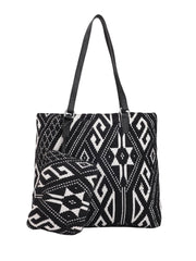 PRIMROSE Geometric Pattern Tote Bag with Matching Pouch, Black and White Print, Double Shoulder Straps