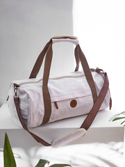 Canvas Duffle Bag with Contrast Straps, White and Brown, Large Gym Travel Shoulder Bag