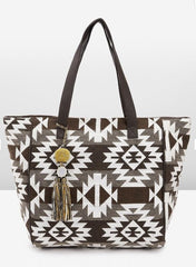 PRIMROSE Ethnic Kilim Tote Bag, Brown and White Geometric Print, Tassel Accent