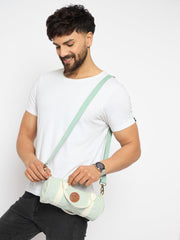 Canvas Duffle Bag, Mint Green with White Straps, Leather Accents, Cylindrical Design