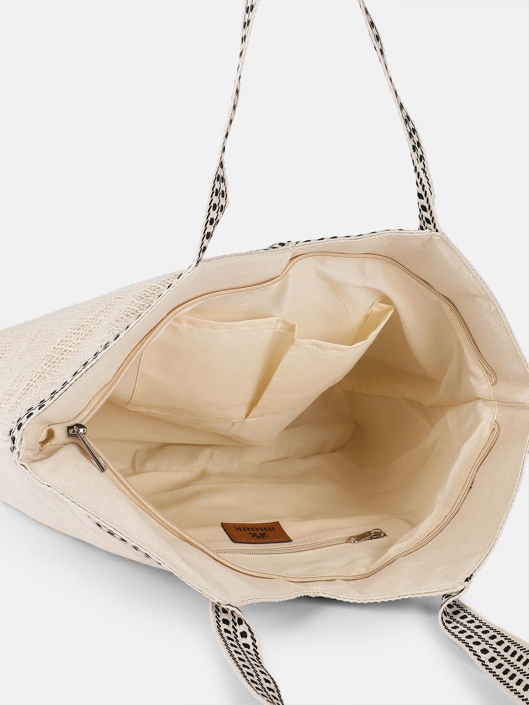 PRIMROSE Woven Beach Tote Bag, Natural Cream with Pink Embroidery, Black Striped Handles