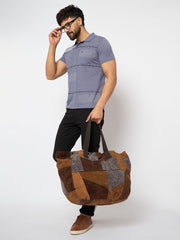 RIMROCK Patchwork Suede Tote Bag, Large Casual Shopper, Brown and Grey Geometric Design
