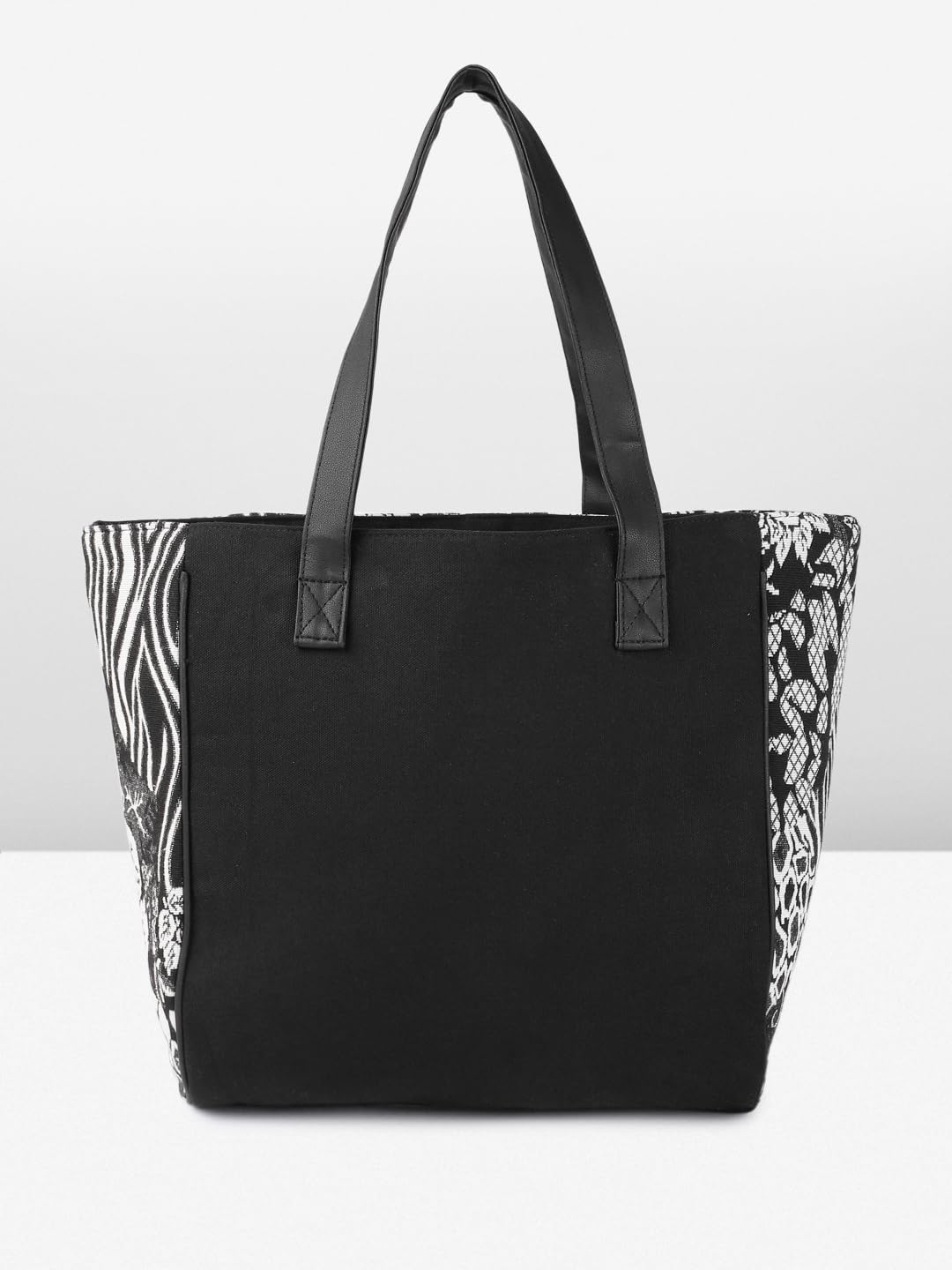 PRIMROSE Floral Print Tote Bag with Tassels, Black and White Pattern, Double Handles