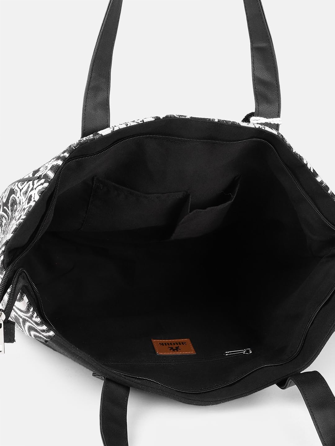 PRIMROSE Floral Print Tote Bag with Tassels, Black and White Pattern, Double Handles