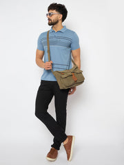 Vintage Canvas Messenger Bag, Military Style, Khaki Green with Leather Trim, Multiple Pockets