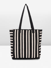 PRIMROSE Black and White Striped Canvas Tote Bag with Tassels