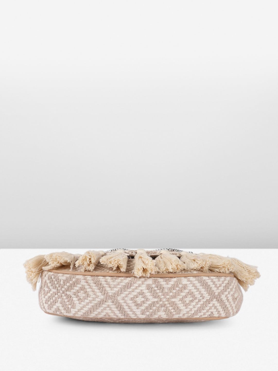 PRIMROSE Bohemian Crossbody Handbag with Crystal Embellishments, Woven Pattern, Cream Tassels, Tan Polyurethane Strap