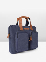 PRIMROSE Canvas Laptop Bag, Navy Blue with Brown Leather Handles, Dual Front Pockets, Shoulder Strap