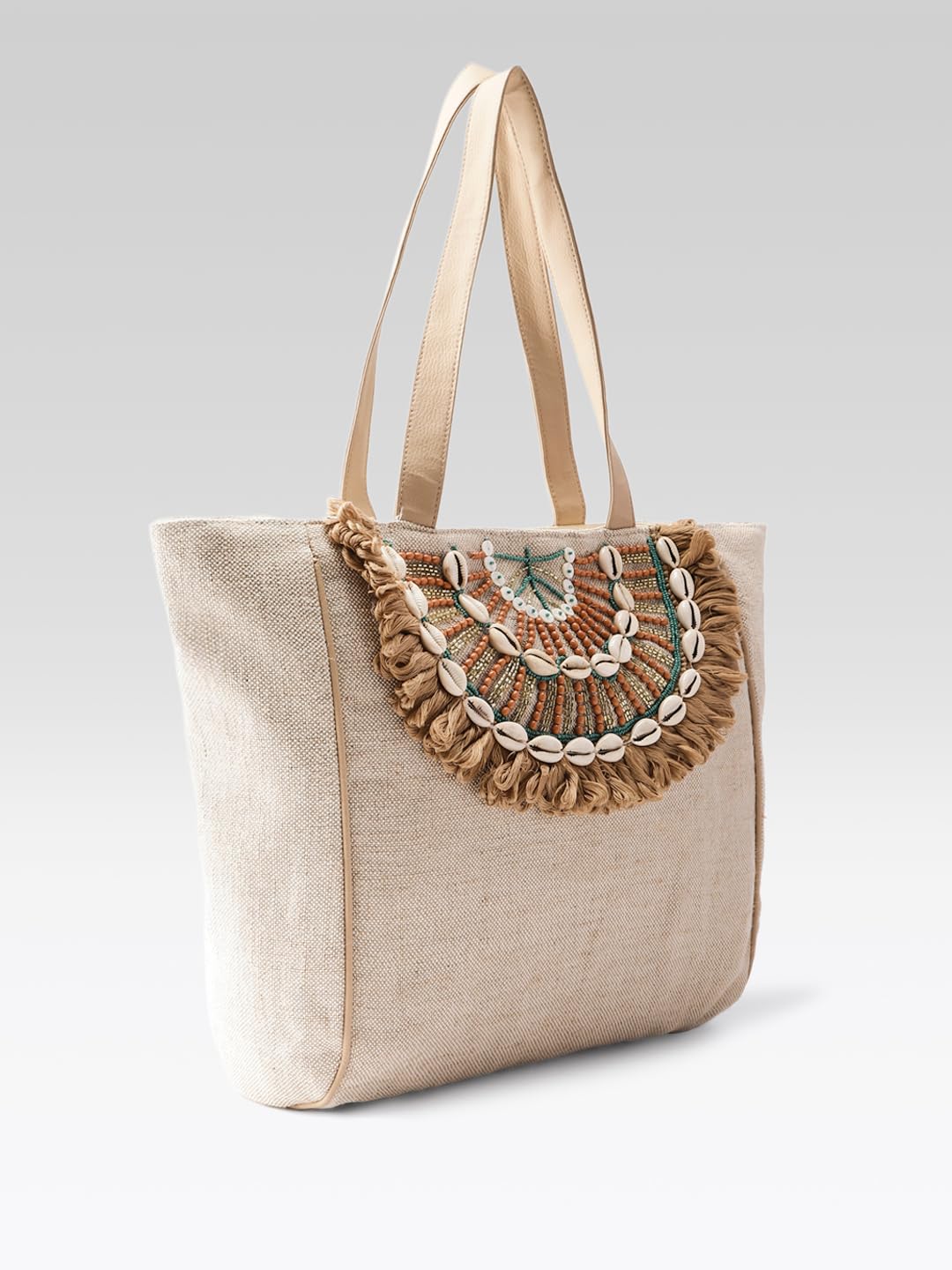 PRIMROSE Boho Beach Tote Bag, Canvas with Shell Embellishments, Fringe Detail, Natural Beige