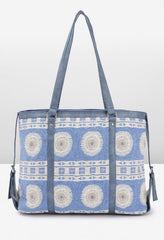 PRIMROSE Stylish Tote Bag with Geometric Pattern Blue and Beige