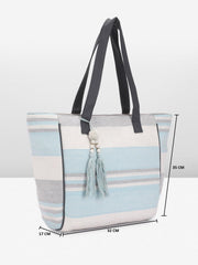 PRIMROSE Striped Canvas Tote Bag with Pearl Tassel Blue and Grey
