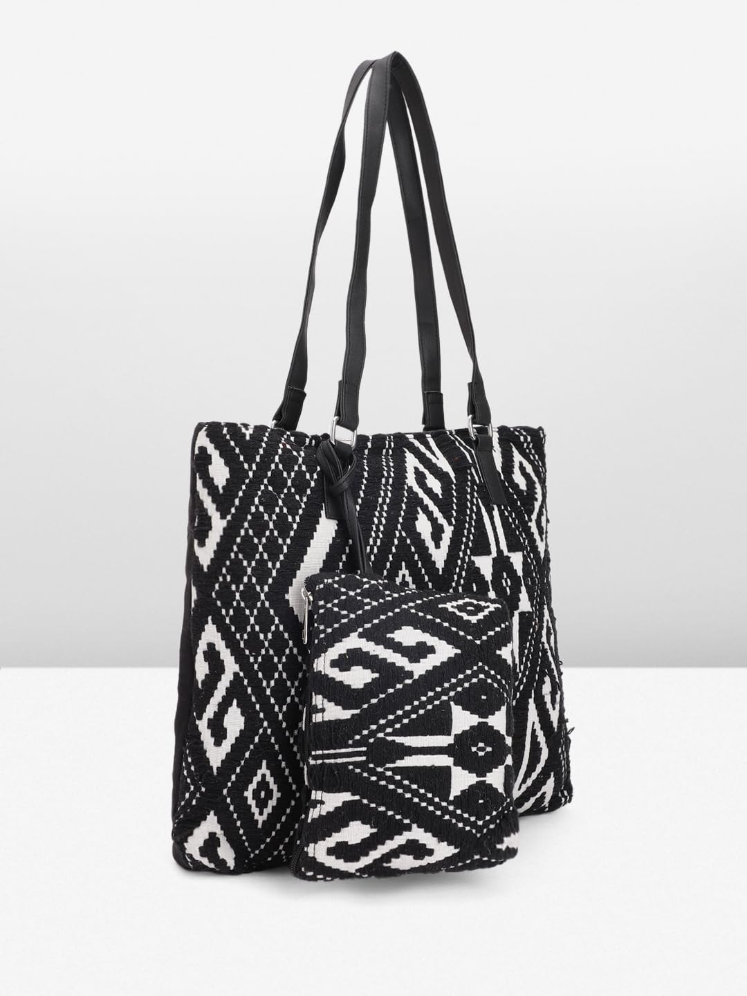 PRIMROSE Geometric Pattern Tote Bag with Matching Pouch, Black and White Print, Double Shoulder Straps
