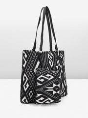 PRIMROSE Geometric Pattern Tote Bag with Matching Pouch, Black and White Print, Double Shoulder Straps