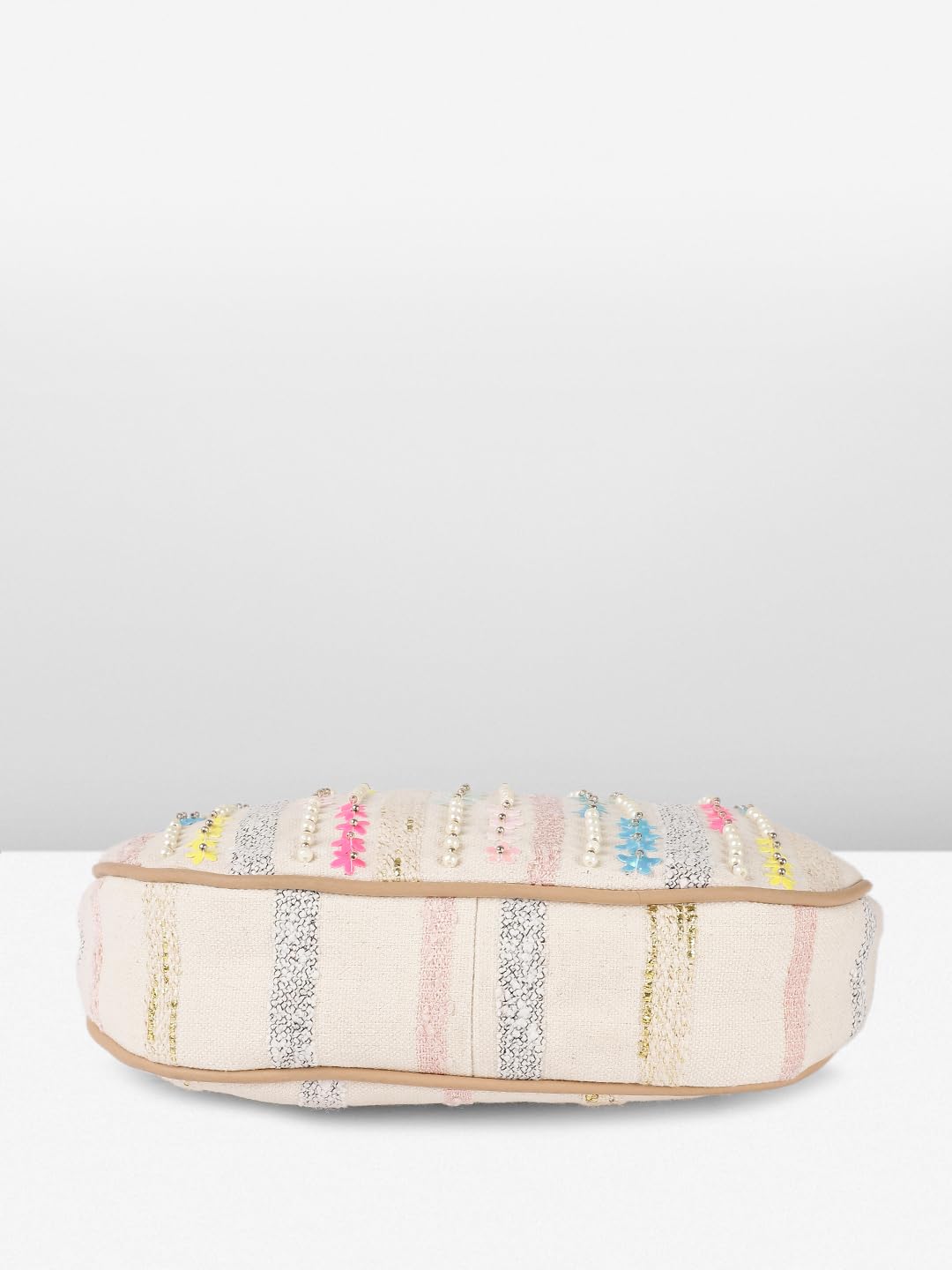 Ladies Floral Crossbody Bag, Beige Canvas with Pastel Embellishments, Studded Stripes Design