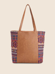PRIMROSE Women's Tote Bag Tan Suede with Multicolour Aztec Pattern Tassel Detail