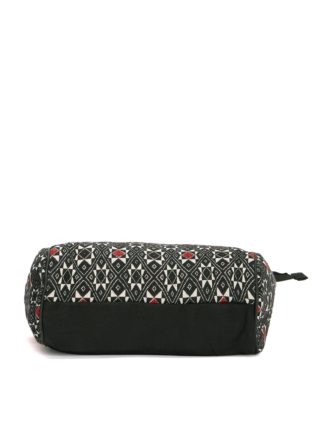 RIMROCK Geometric Print Tote Bag with Tassel, Black and White Pattern, Red Accents, Large Shoulder Straps
