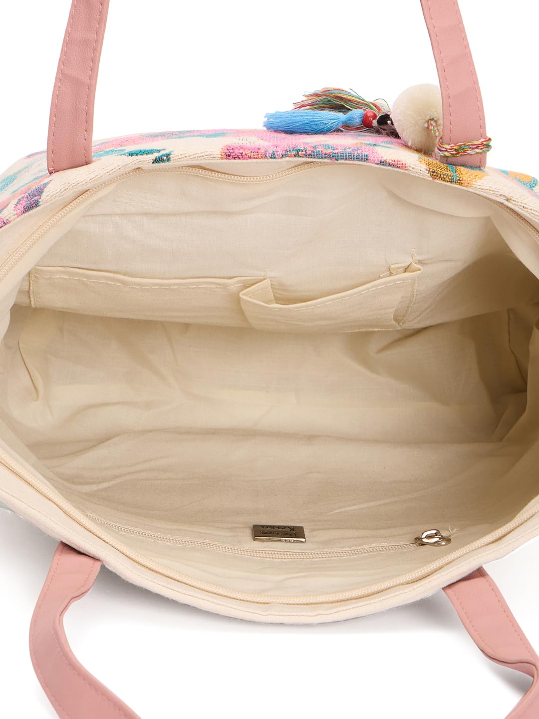 PRIMROSE Floral Cotton Tote Bag, Off White with Pink Handles, 41 x 33 cm, Tassel Detail