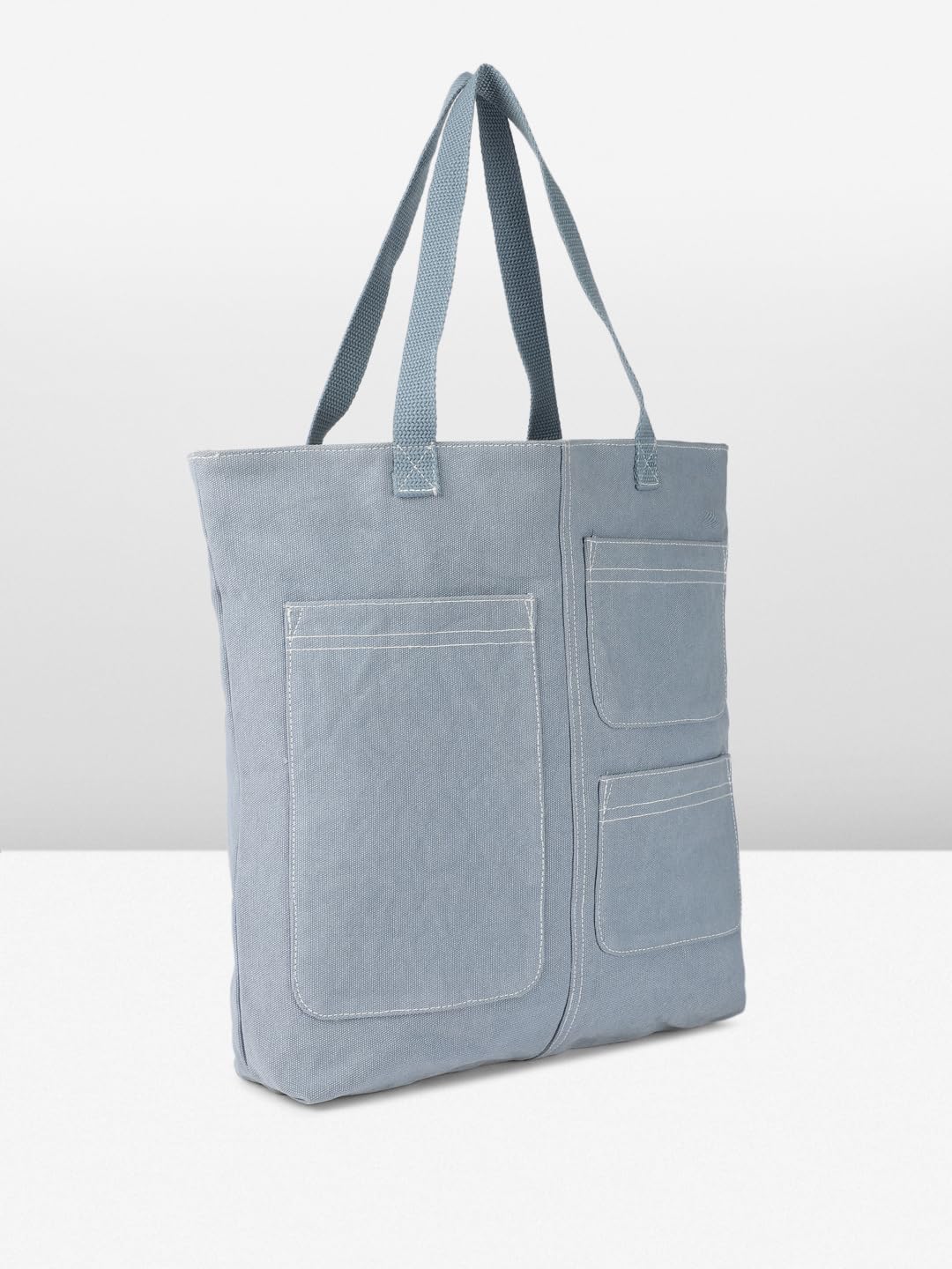 PRIMROSE Canvas Tote Bag with Multiple Pockets, Blue, Double Handles