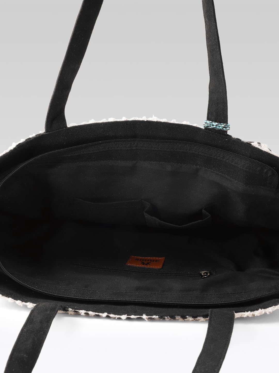 PRIMROSE Woven Beach Tote Bag with Tassel, Black and White Striped Pattern, Turquoise Accent