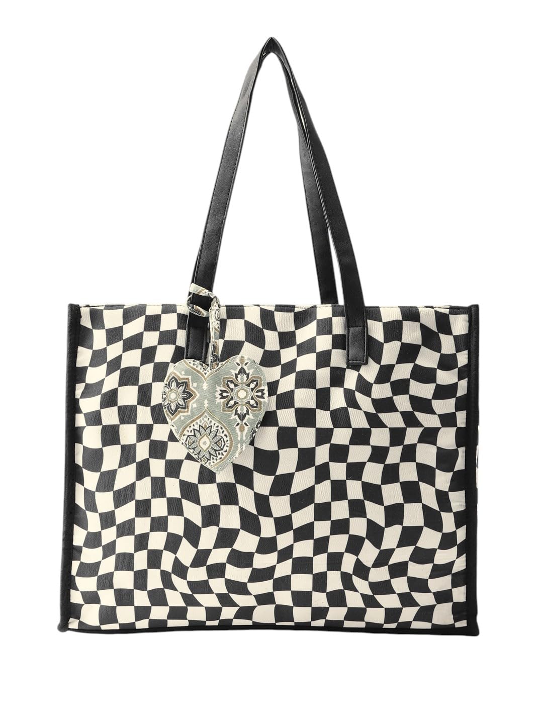 PRIMROSE Checkered Tote Bag with Decorative Heart Charm, Black and White Pattern, Large Shopping Handbag
