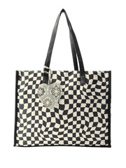 PRIMROSE Checkered Tote Bag with Decorative Heart Charm, Black and White Pattern, Large Shopping Handbag