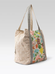 PRIMROSE Floral Embroidered Canvas Tote Bag, Beige with Lace Trim, Multi-Colour Botanical Pattern