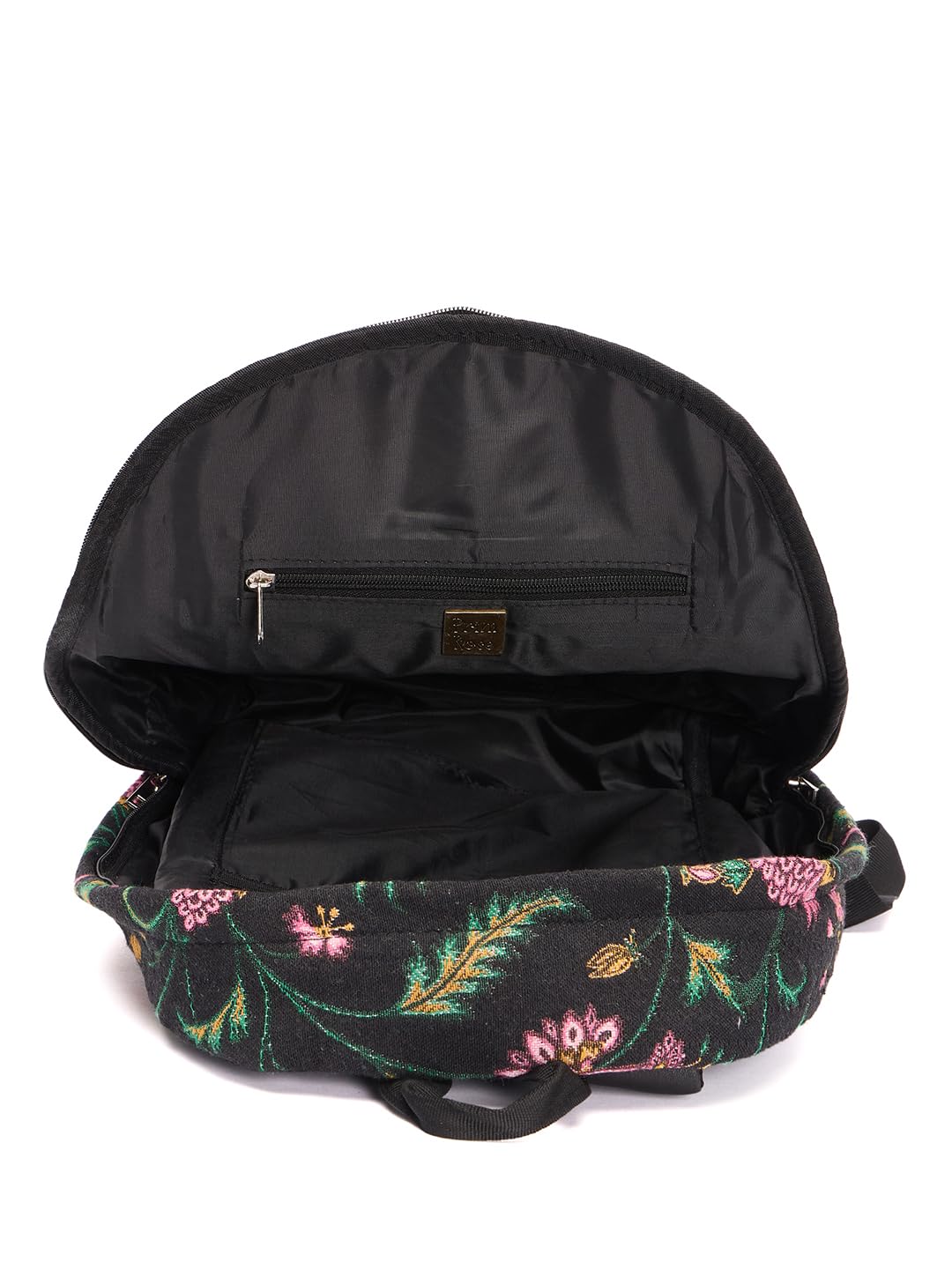 RIMROCK Floral Print Backpack with Pink Stripes, Black Canvas, Decorative Pattern
